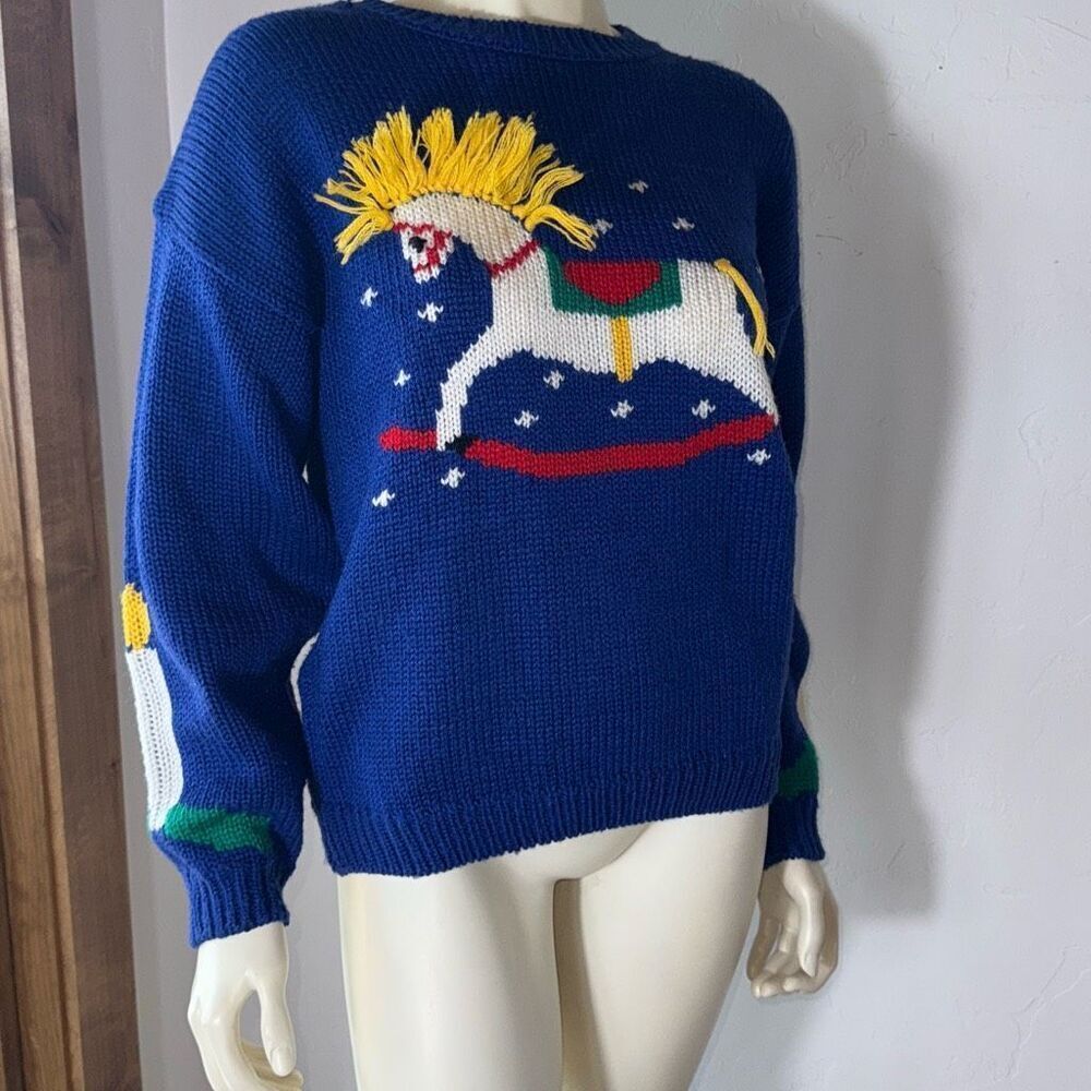 Vintage 80’s Blue Novelty Rocking Horse Knit Sweater Size Large